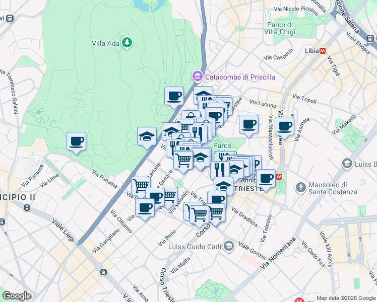 map of restaurants, bars, coffee shops, grocery stores, and more near 37 Via Nemorense in Rome
