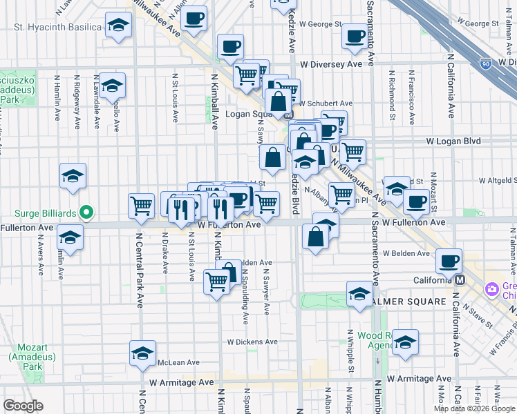 map of restaurants, bars, coffee shops, grocery stores, and more near 2418 North Sawyer Avenue in Chicago
