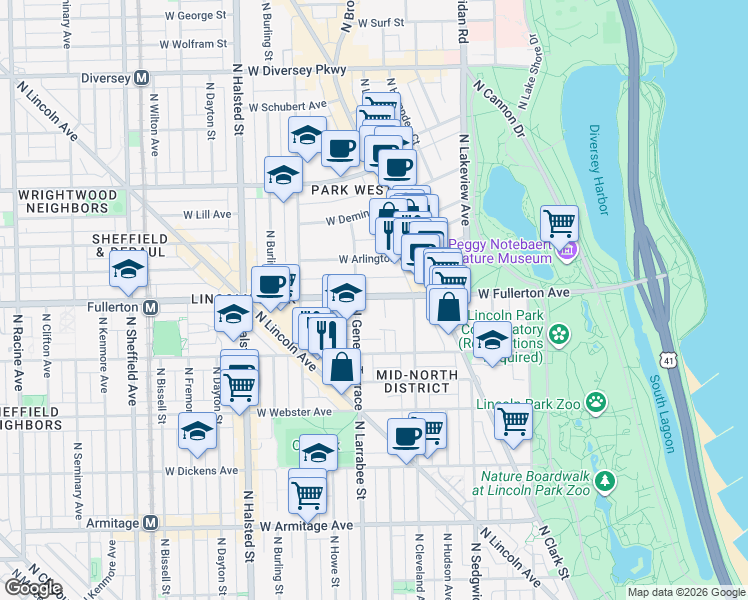 map of restaurants, bars, coffee shops, grocery stores, and more near 543 West Fullerton Avenue in Chicago