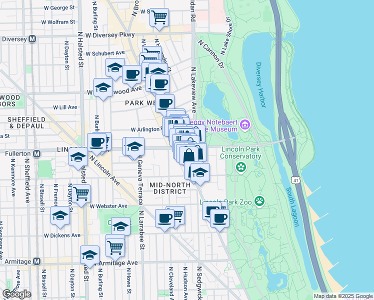 map of restaurants, bars, coffee shops, grocery stores, and more near 415 West Fullerton Parkway in Chicago