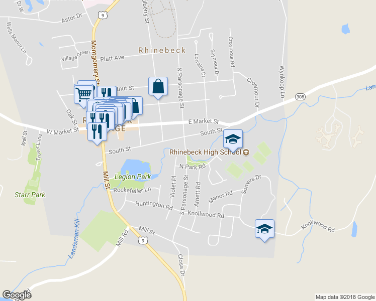 map of restaurants, bars, coffee shops, grocery stores, and more near 9 South Parsonage Street in Rhinebeck Village Business District