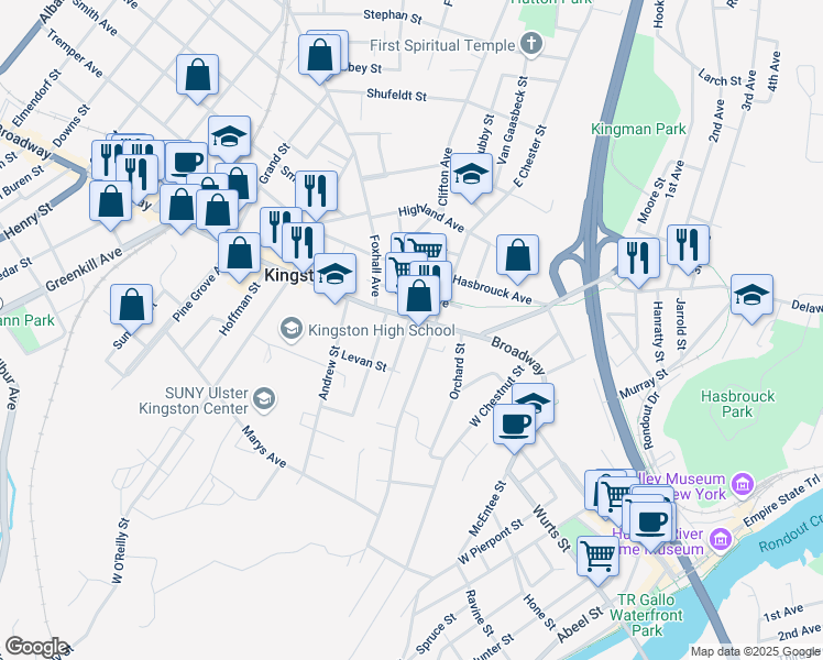 map of restaurants, bars, coffee shops, grocery stores, and more near 25 Staples Street in Kingston