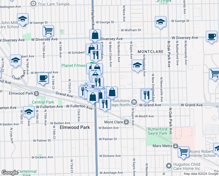 map of restaurants, bars, coffee shops, grocery stores, and more near 2500 North Mont Clare Avenue in Chicago