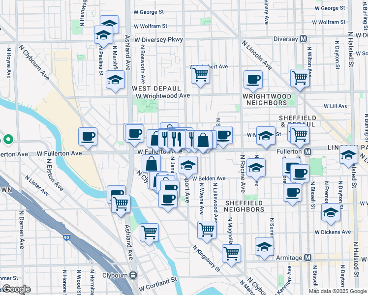 map of restaurants, bars, coffee shops, grocery stores, and more near 1400 West Fullerton Avenue in Chicago