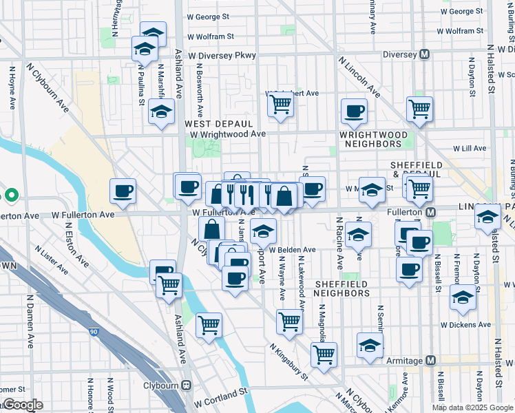 map of restaurants, bars, coffee shops, grocery stores, and more near 1400 West Fullerton Avenue in Chicago
