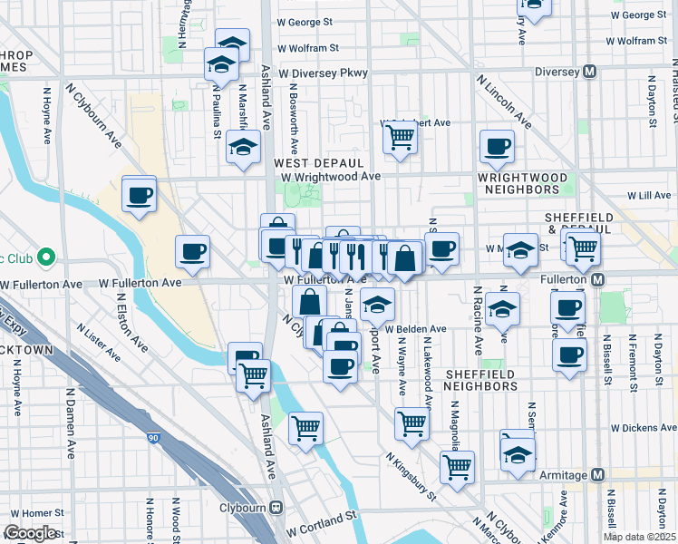 map of restaurants, bars, coffee shops, grocery stores, and more near 1423 West Fullerton Avenue in Chicago