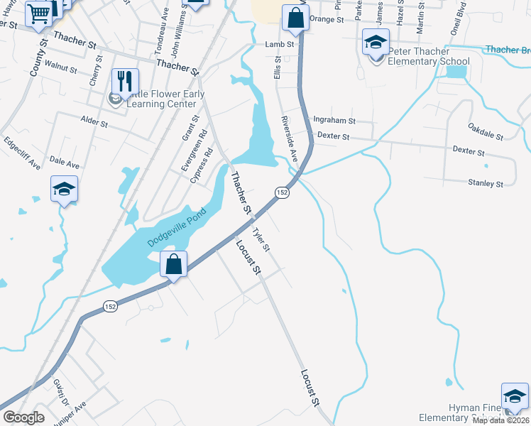 map of restaurants, bars, coffee shops, grocery stores, and more near 316 South Main Street in Attleboro