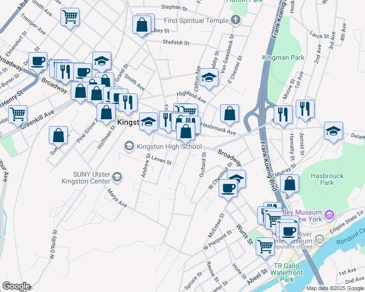 map of restaurants, bars, coffee shops, grocery stores, and more near 25 Staples Street in Kingston