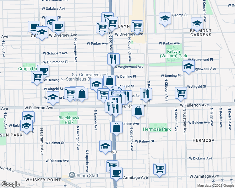 map of restaurants, bars, coffee shops, grocery stores, and more near in Chicago