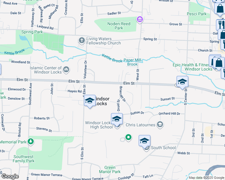map of restaurants, bars, coffee shops, grocery stores, and more near 249 Elm Street in Windsor Locks