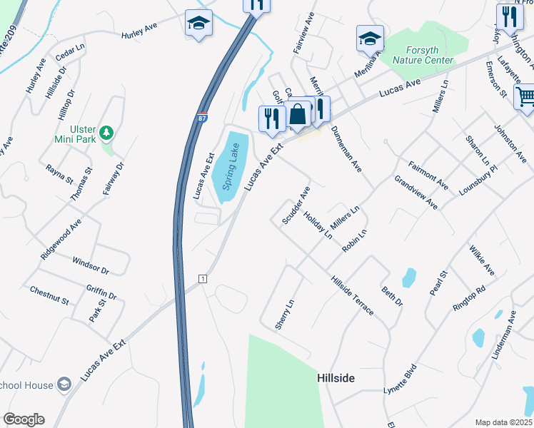 map of restaurants, bars, coffee shops, grocery stores, and more near 2 Hillside Terrace in Kingston