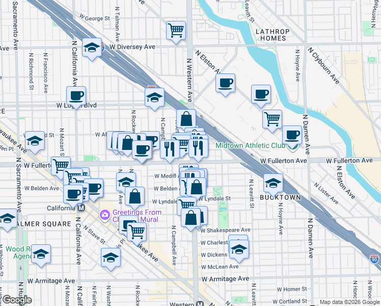 map of restaurants, bars, coffee shops, grocery stores, and more near 2418 West Fullerton Avenue in Chicago