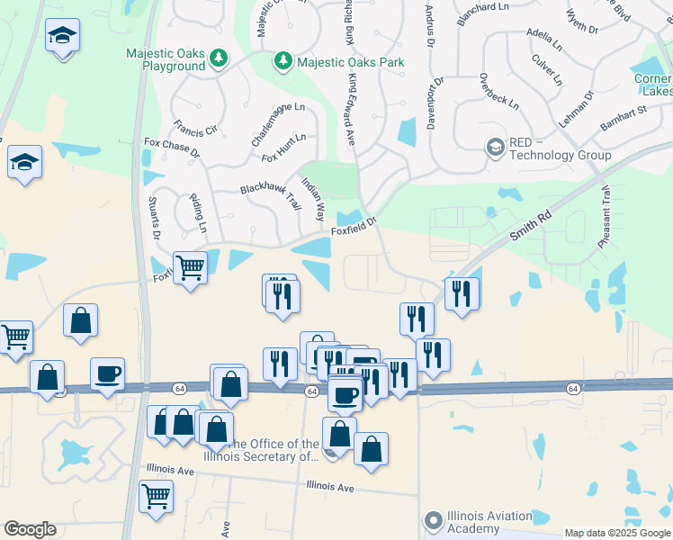 map of restaurants, bars, coffee shops, grocery stores, and more near 105 Industrial Drive in St. Charles