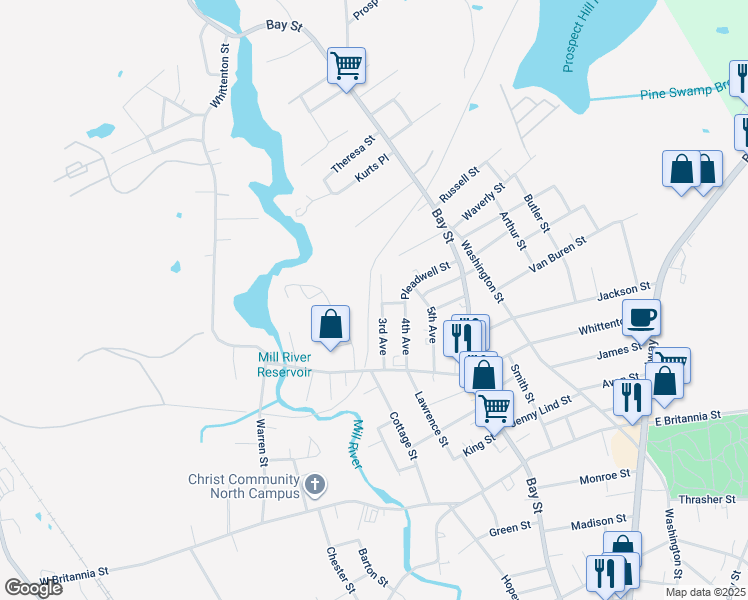 map of restaurants, bars, coffee shops, grocery stores, and more near 28 3rd Avenue in Taunton