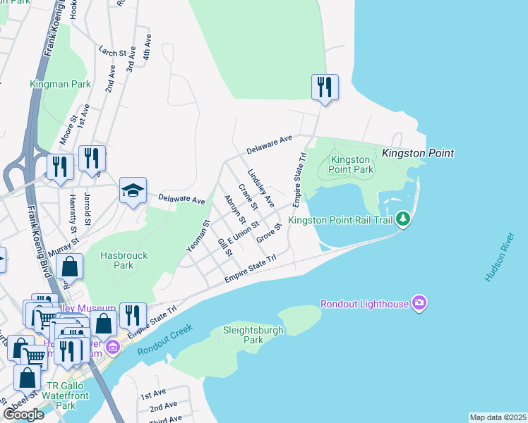 map of restaurants, bars, coffee shops, grocery stores, and more near 35 Grove Street in Kingston