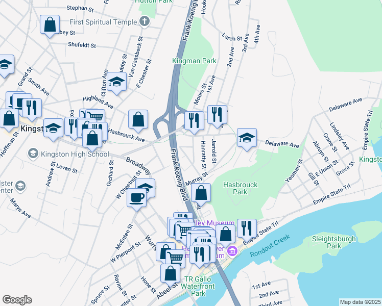map of restaurants, bars, coffee shops, grocery stores, and more near 93 Newkirk Avenue in Kingston