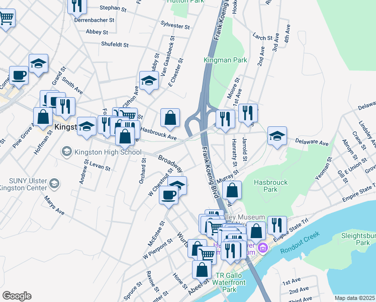 map of restaurants, bars, coffee shops, grocery stores, and more near 22-30 East Chestnut Street in Kingston