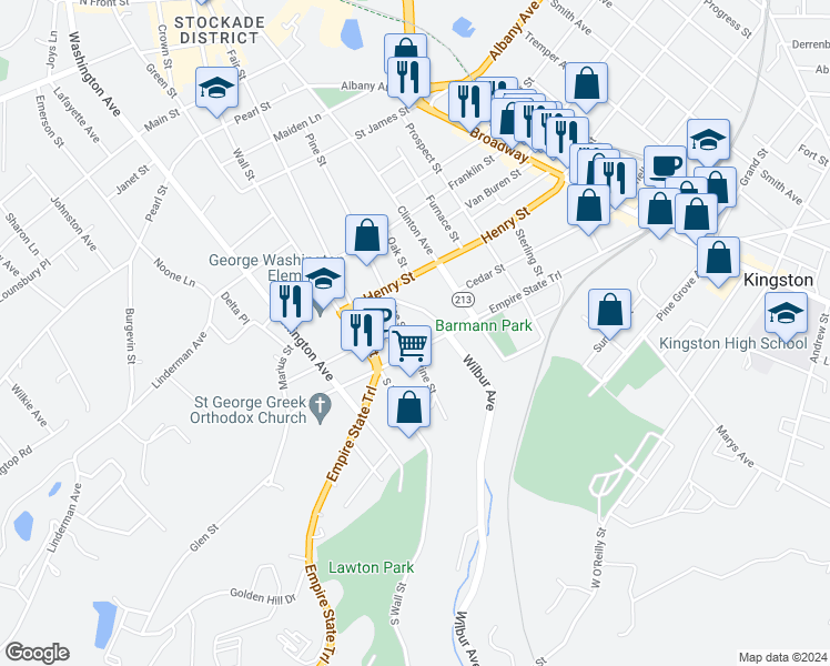map of restaurants, bars, coffee shops, grocery stores, and more near 1-11 Pine Street in Kingston