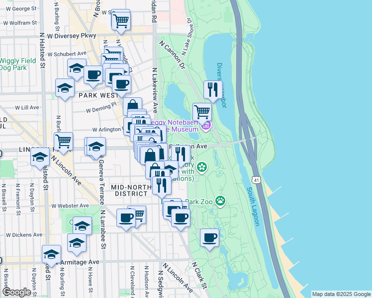 map of restaurants, bars, coffee shops, grocery stores, and more near 2271 North Lincoln Avenue in Chicago