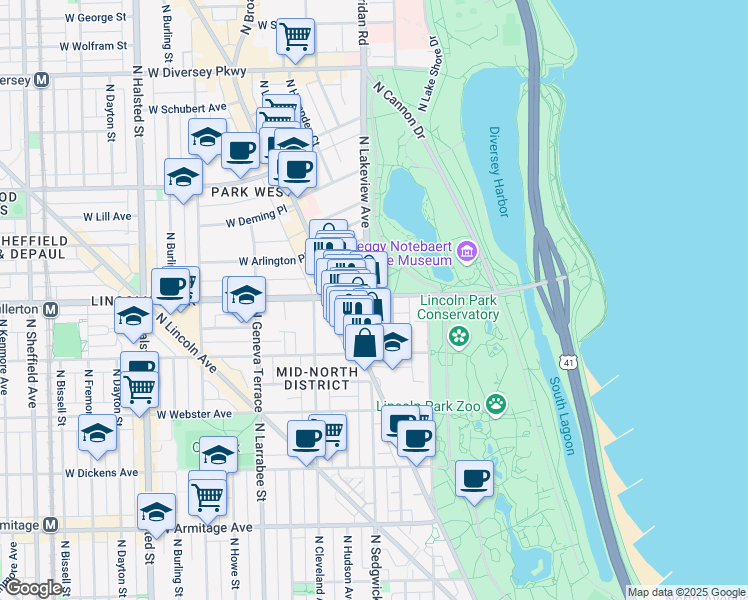 map of restaurants, bars, coffee shops, grocery stores, and more near in Chicago