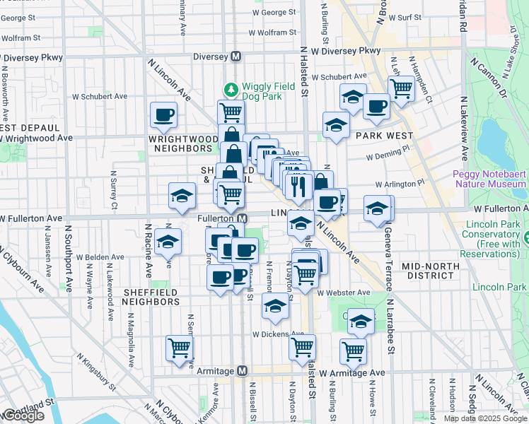 map of restaurants, bars, coffee shops, grocery stores, and more near 900 West Fullerton Avenue in Chicago