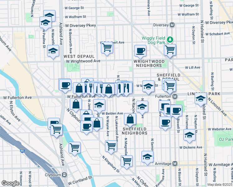 map of restaurants, bars, coffee shops, grocery stores, and more near 1333 West Fullerton Avenue in Chicago