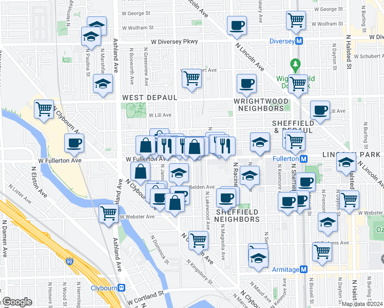 map of restaurants, bars, coffee shops, grocery stores, and more near 1333 West Fullerton Avenue in Chicago