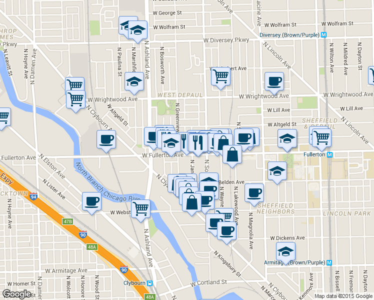 map of restaurants, bars, coffee shops, grocery stores, and more near 1423 West Fullerton Avenue in Chicago