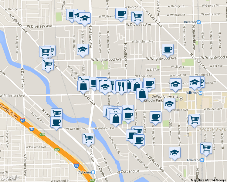 map of restaurants, bars, coffee shops, grocery stores, and more near 1423 West Fullerton Avenue in Chicago