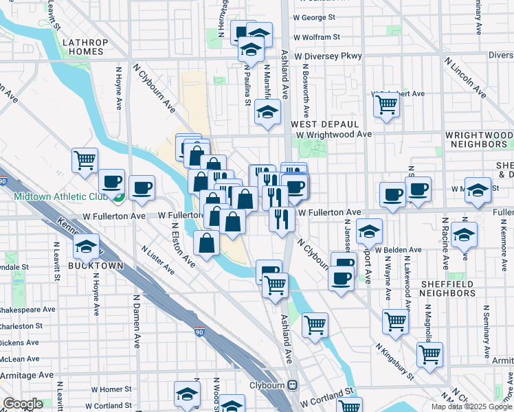 map of restaurants, bars, coffee shops, grocery stores, and more near 1665 West Fullerton Avenue in Chicago
