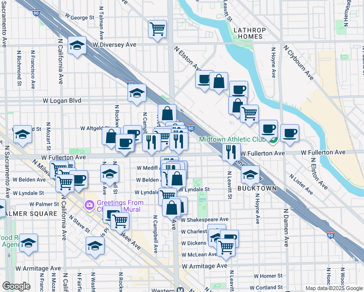 map of restaurants, bars, coffee shops, grocery stores, and more near in Chicago