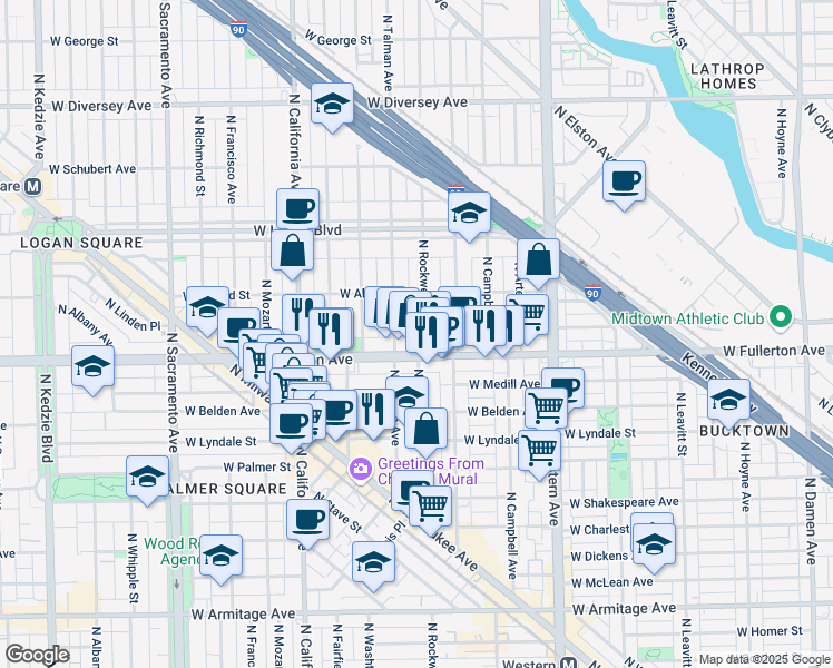 map of restaurants, bars, coffee shops, grocery stores, and more near 2608 West Fullerton Avenue in Chicago