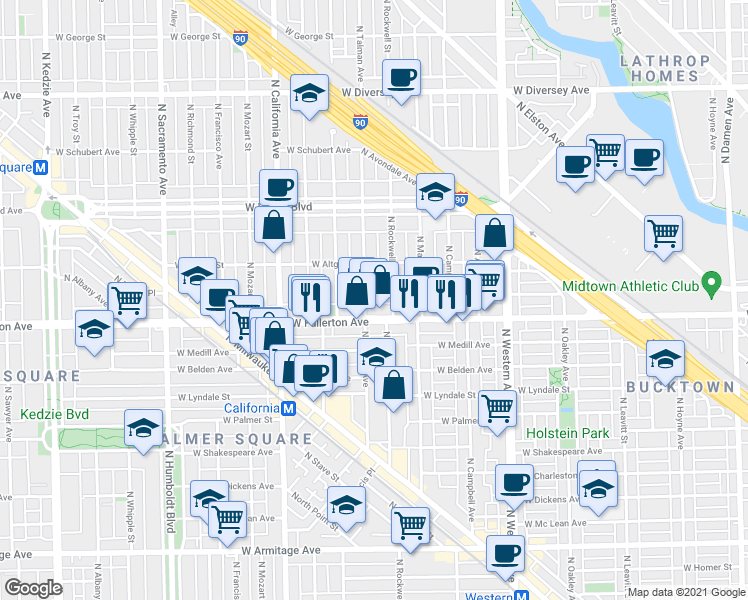 map of restaurants, bars, coffee shops, grocery stores, and more near 2608 West Fullerton Avenue in Chicago