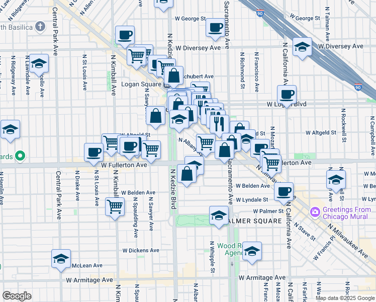 map of restaurants, bars, coffee shops, grocery stores, and more near 2403 North Kedzie Boulevard in Chicago