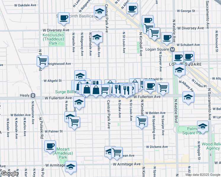 map of restaurants, bars, coffee shops, grocery stores, and more near 2407 North Central Park Avenue in Chicago