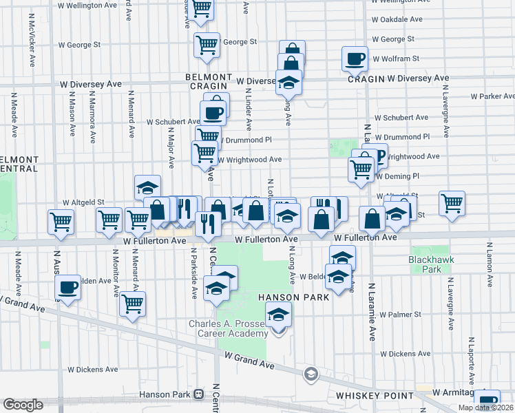 map of restaurants, bars, coffee shops, grocery stores, and more near 2435 North Linder Avenue in Chicago