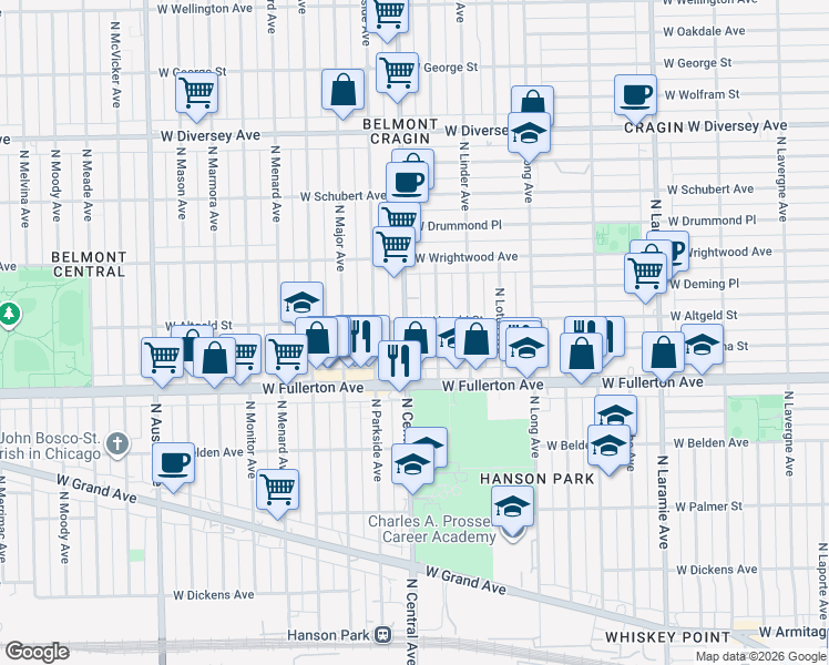 map of restaurants, bars, coffee shops, grocery stores, and more near 2432 North Luna Avenue in Chicago