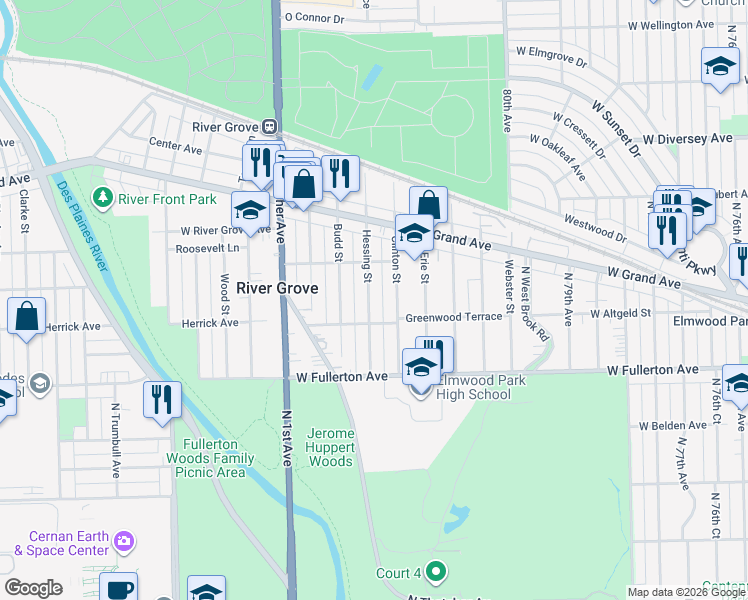 map of restaurants, bars, coffee shops, grocery stores, and more near 2521 Hessing Street in River Grove