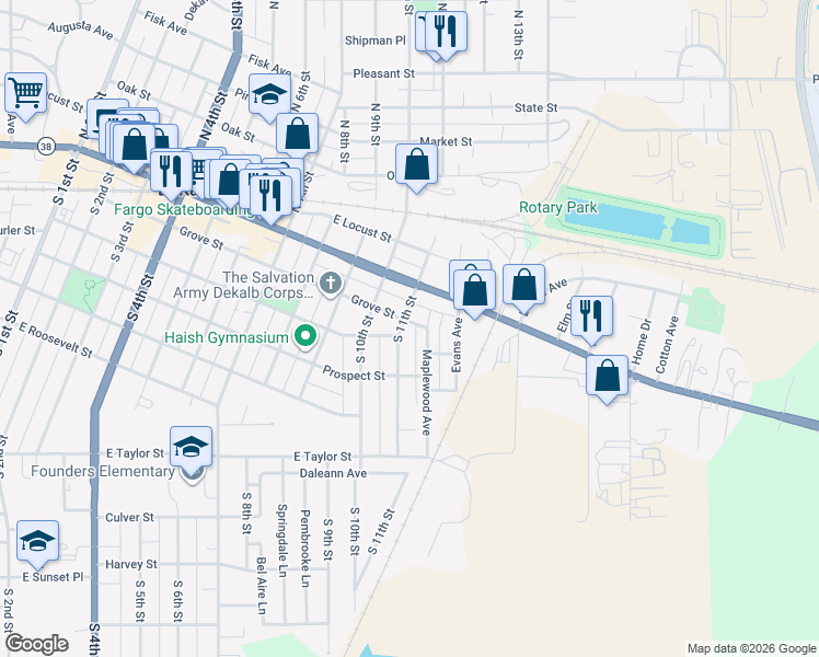map of restaurants, bars, coffee shops, grocery stores, and more near 312 South 11th Street in DeKalb