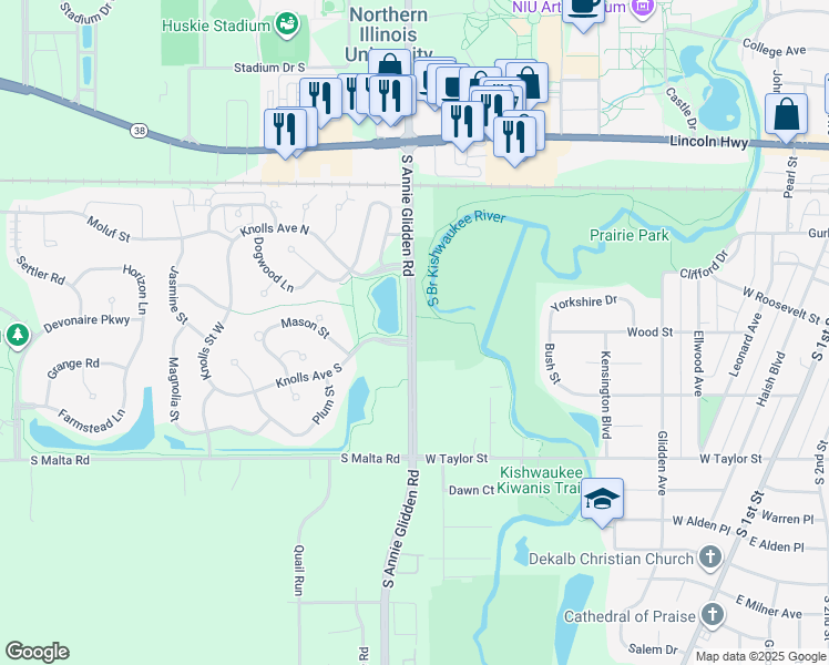 map of restaurants, bars, coffee shops, grocery stores, and more near 649 South Annie Glidden Road in DeKalb