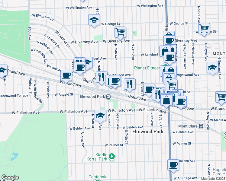 map of restaurants, bars, coffee shops, grocery stores, and more near in Elmwood Park
