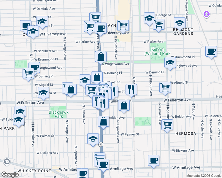 map of restaurants, bars, coffee shops, grocery stores, and more near 4720 West Montana Street in Chicago
