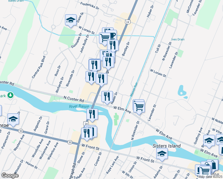 map of restaurants, bars, coffee shops, grocery stores, and more near 201 Huber Drive in Monroe
