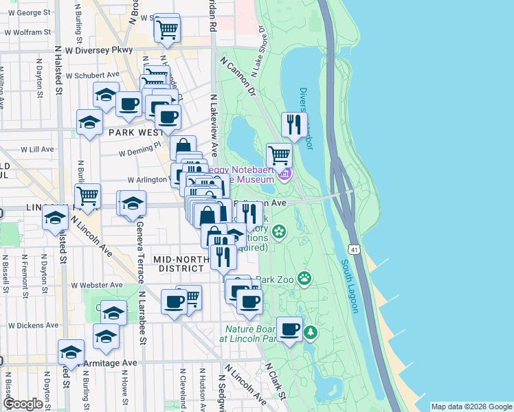 map of restaurants, bars, coffee shops, grocery stores, and more near 2271 North Lincoln Avenue in Chicago