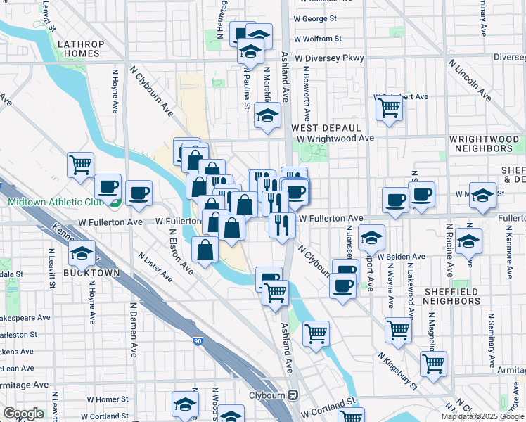 map of restaurants, bars, coffee shops, grocery stores, and more near North Clybourn Avenue & North Marshfield Avenue in Chicago