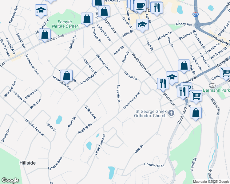 map of restaurants, bars, coffee shops, grocery stores, and more near 45 Burgevin Street in Kingston