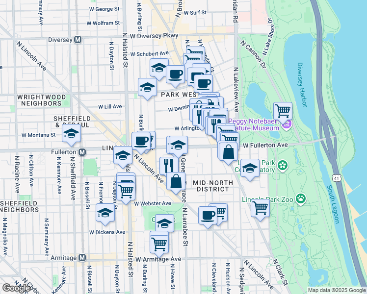map of restaurants, bars, coffee shops, grocery stores, and more near W Fullerton Pkwy & N Geneva Terrace in Chicago