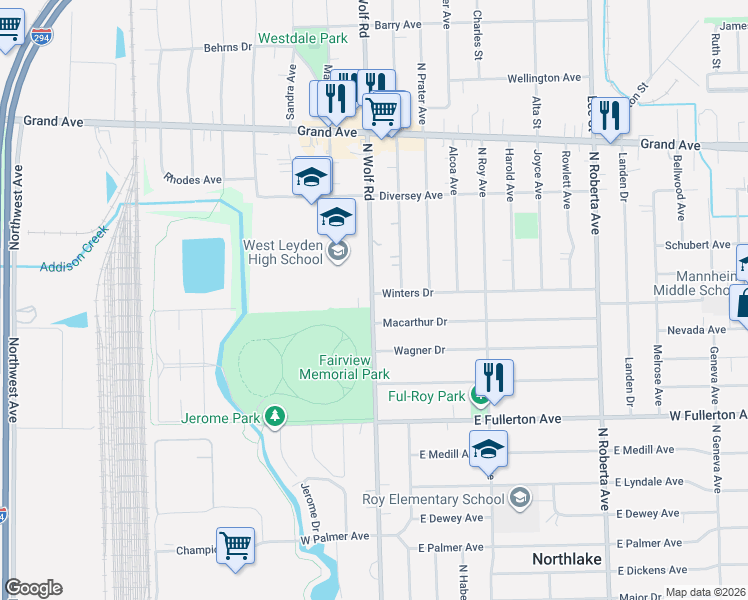 map of restaurants, bars, coffee shops, grocery stores, and more near 798 North Wolf Road in Northlake