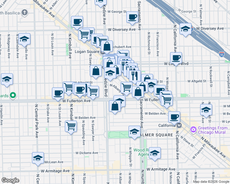 map of restaurants, bars, coffee shops, grocery stores, and more near 2403 North Kedzie Boulevard in Chicago