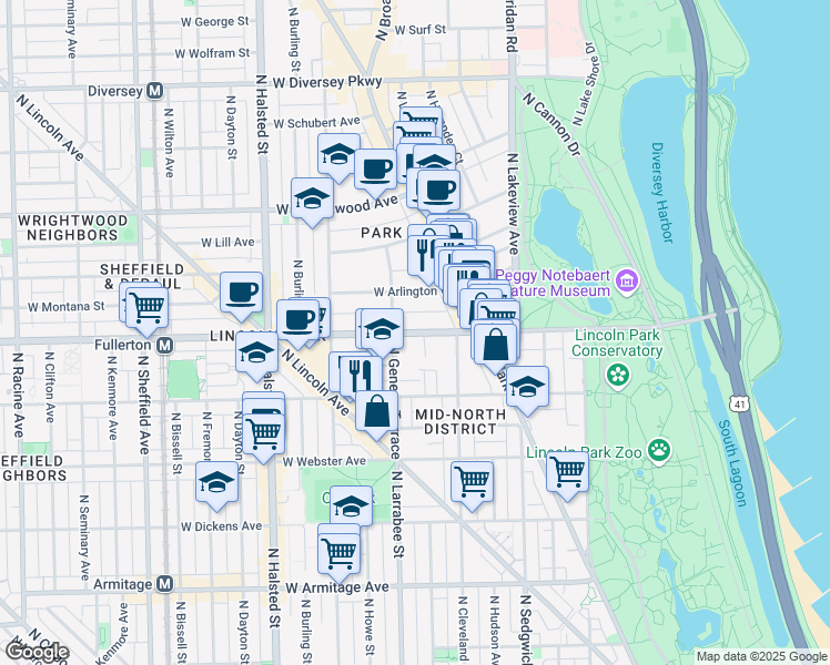 map of restaurants, bars, coffee shops, grocery stores, and more near 540 West Fullerton Avenue in Chicago